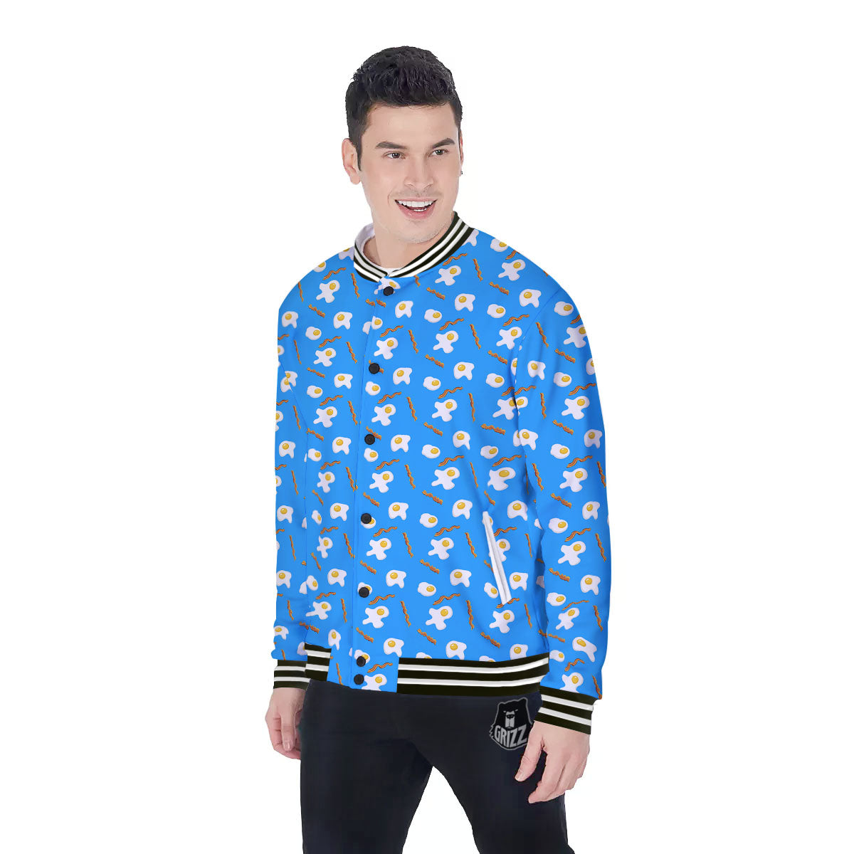 Blue Bacon And Fried Egg Print Pattern Baseball Jacket-grizzshop