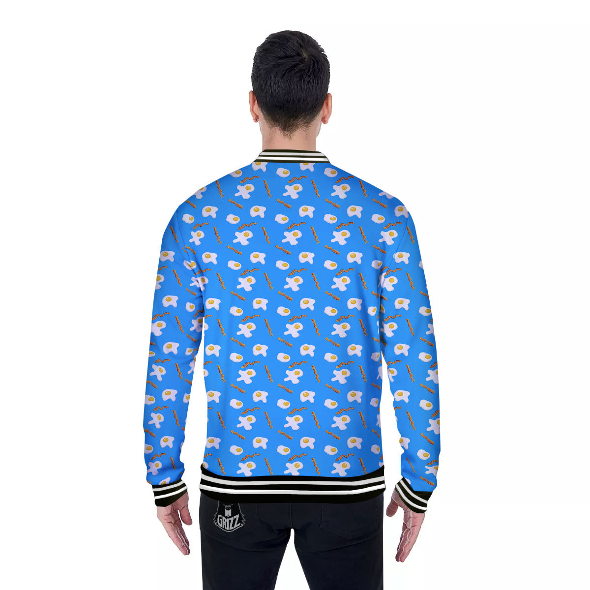 Blue Bacon And Fried Egg Print Pattern Baseball Jacket-grizzshop