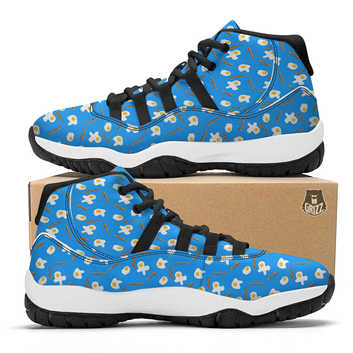 Blue Bacon And Fried Egg Print Pattern Black Bball Shoes-grizzshop