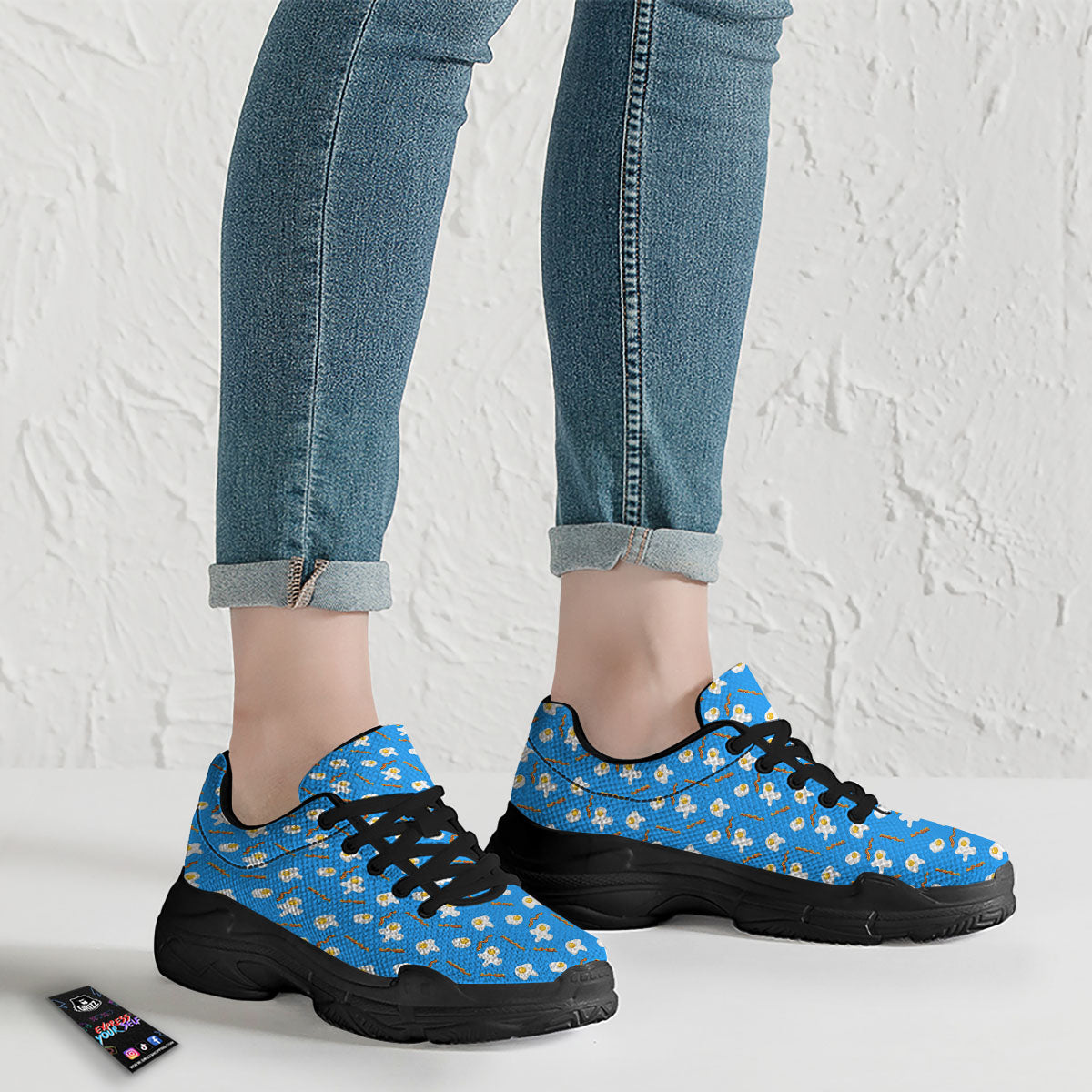 Blue Bacon And Fried Egg Print Pattern Black Chunky Shoes-grizzshop