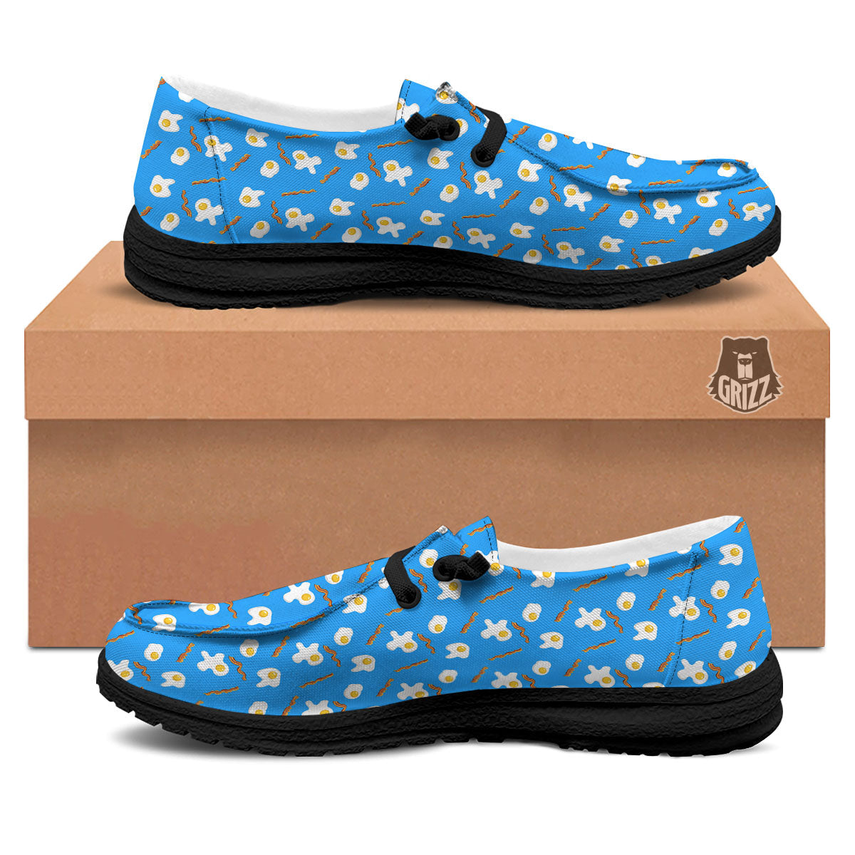 Blue Bacon And Fried Egg Print Pattern Black Loafers-grizzshop