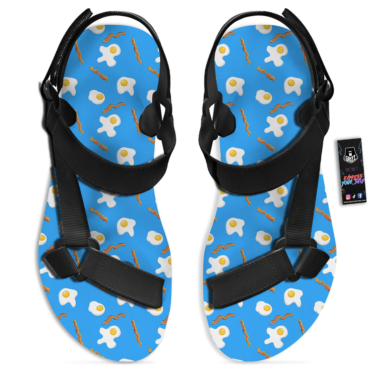 Blue Bacon And Fried Egg Print Pattern Black Open Toe Sandals-grizzshop