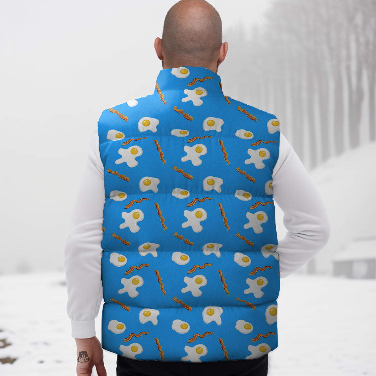 Blue Bacon And Fried Egg Print Pattern Down Vest