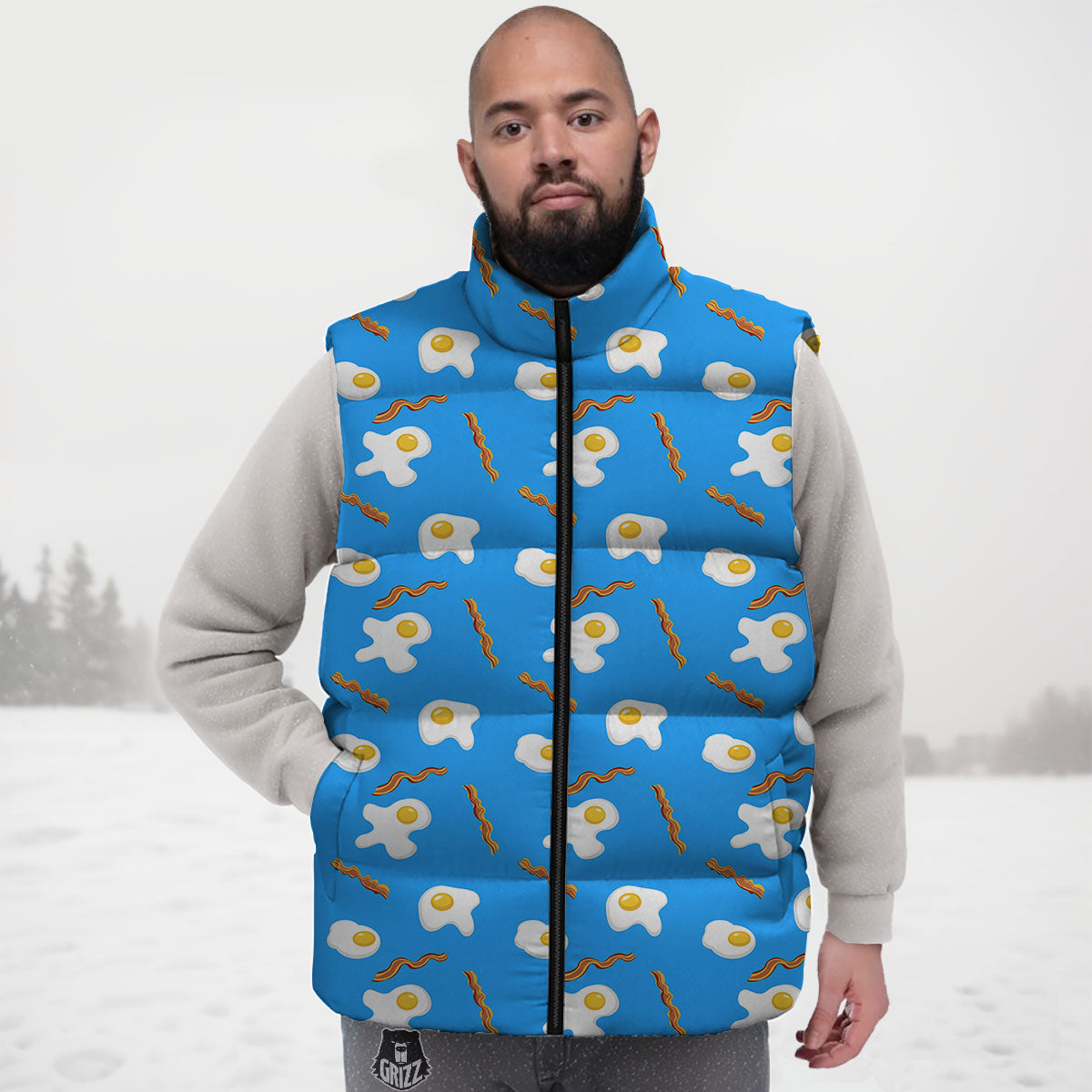 Blue Bacon And Fried Egg Print Pattern Down Vest