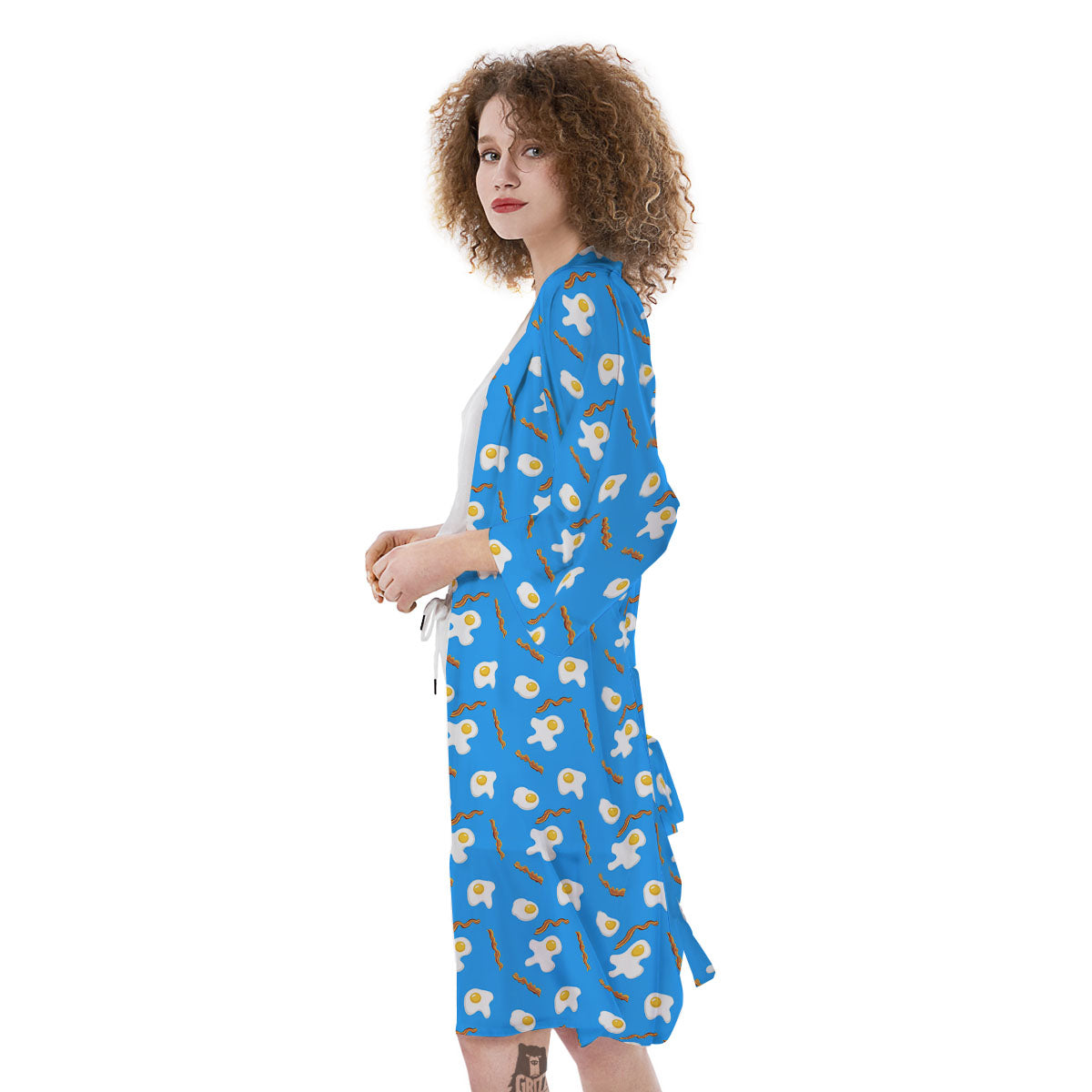 Blue Bacon And Fried Egg Print Pattern Kimono-grizzshop