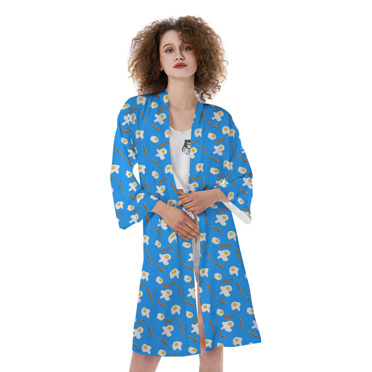 Blue Bacon And Fried Egg Print Pattern Kimono-grizzshop