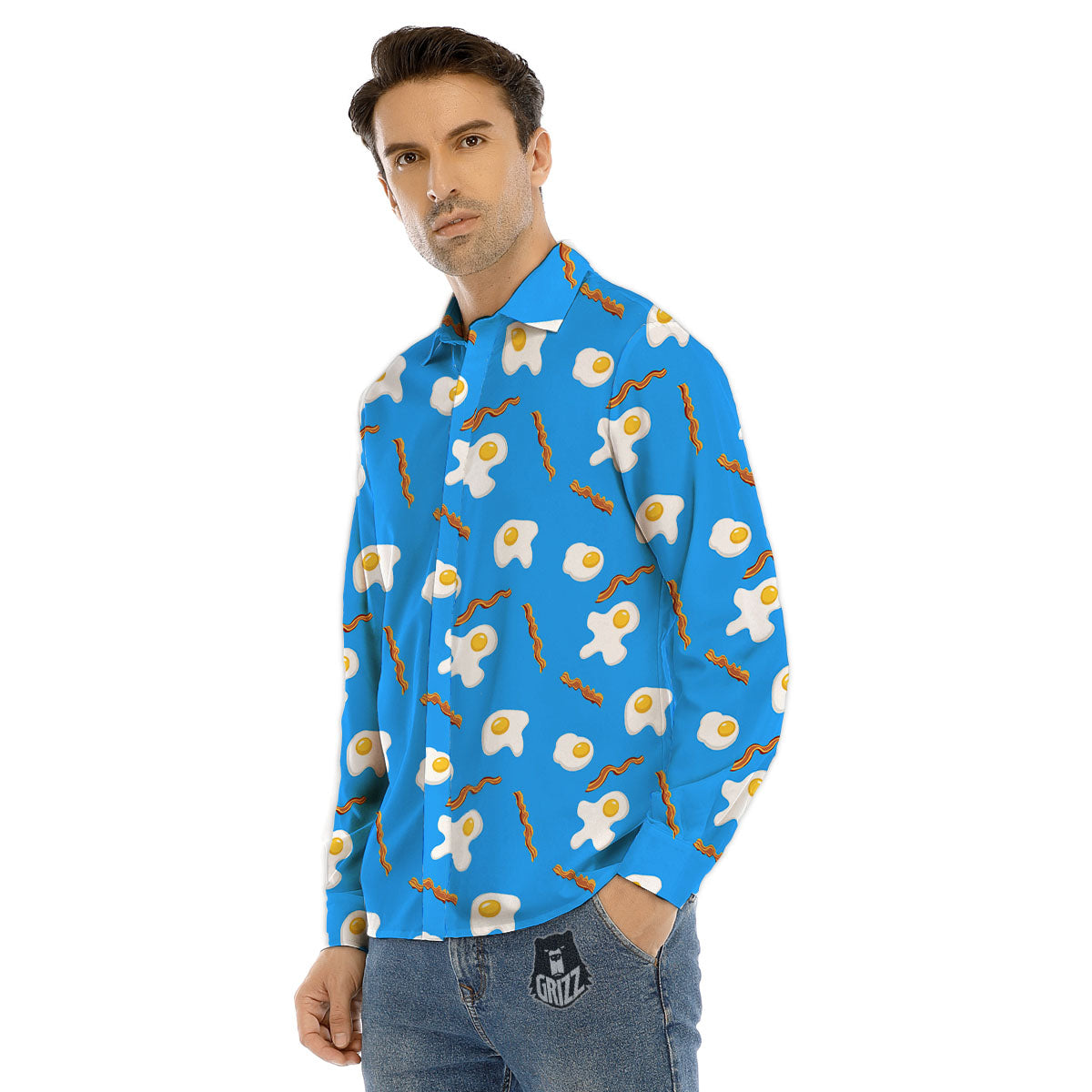 Blue Bacon And Fried Egg Print Pattern Men's Dress Shirts-grizzshop