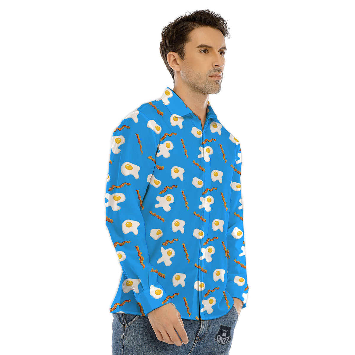 Blue Bacon And Fried Egg Print Pattern Men's Dress Shirts-grizzshop