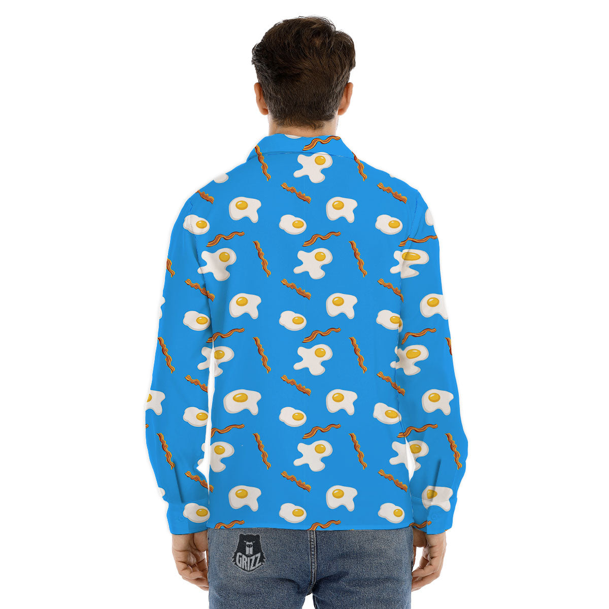 Blue Bacon And Fried Egg Print Pattern Men's Dress Shirts-grizzshop