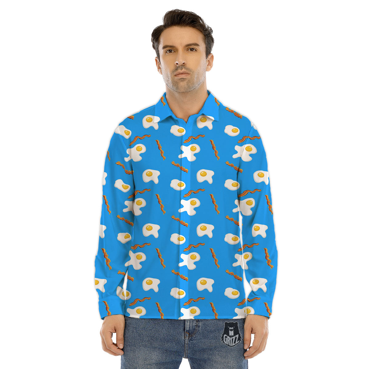 Blue Bacon And Fried Egg Print Pattern Men's Dress Shirts-grizzshop