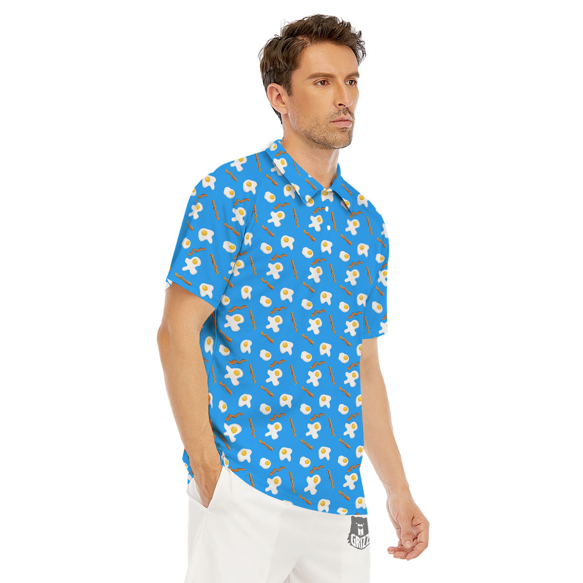 Blue Bacon And Fried Egg Print Pattern Men's Golf Shirts-grizzshop