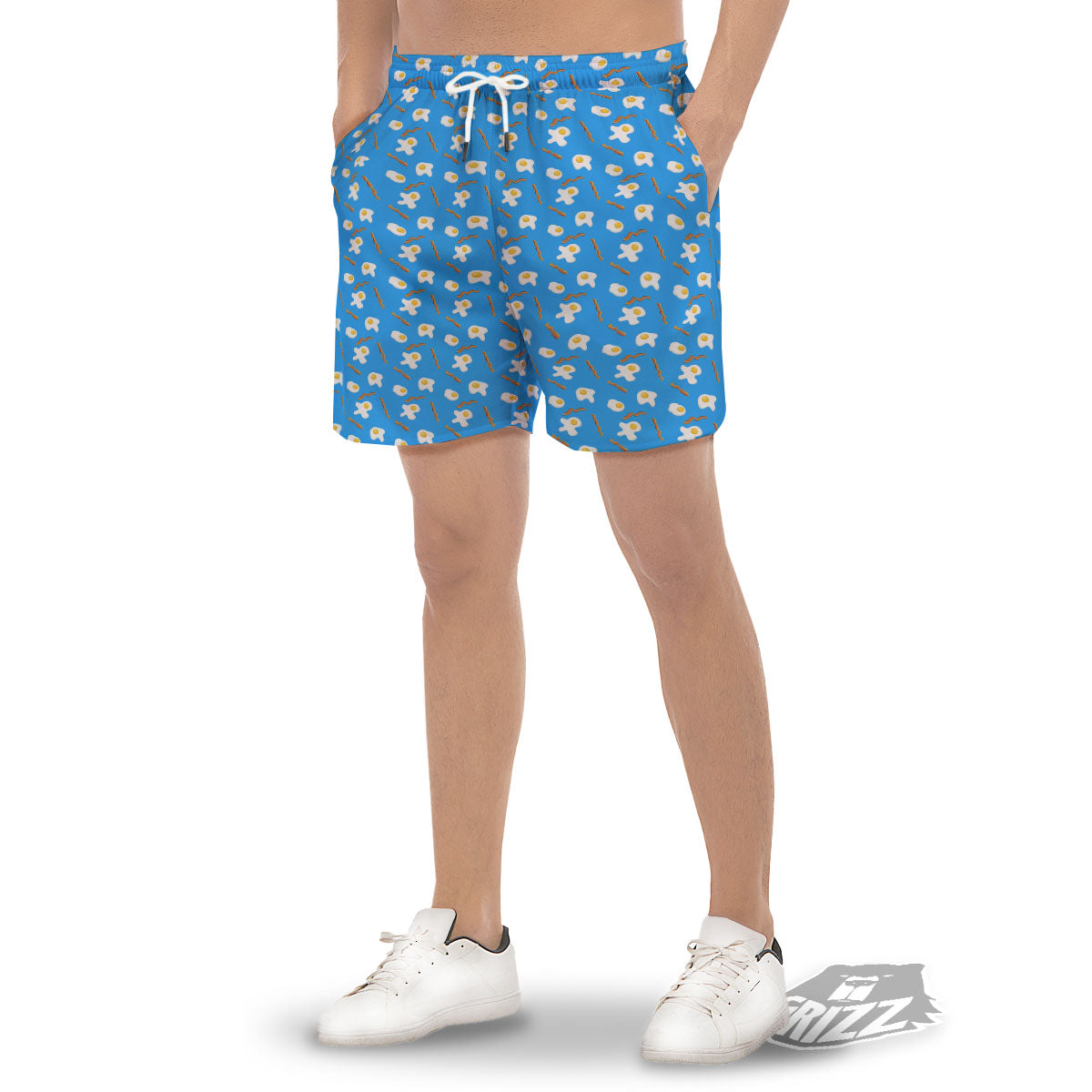 Blue Bacon And Fried Egg Print Pattern Men's Gym Shorts-grizzshop