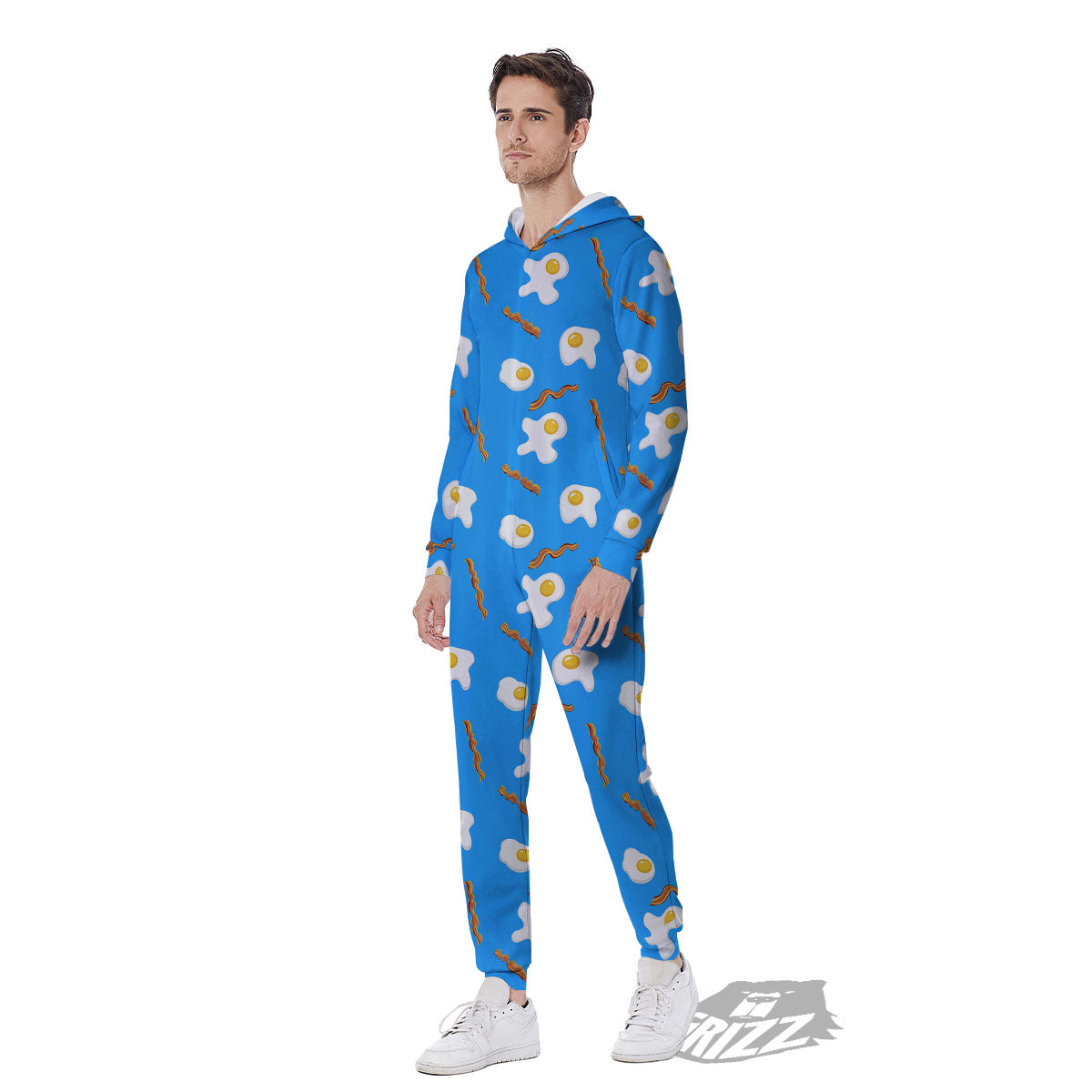 Blue Bacon And Fried Egg Print Pattern Men's Jumpsuit-grizzshop