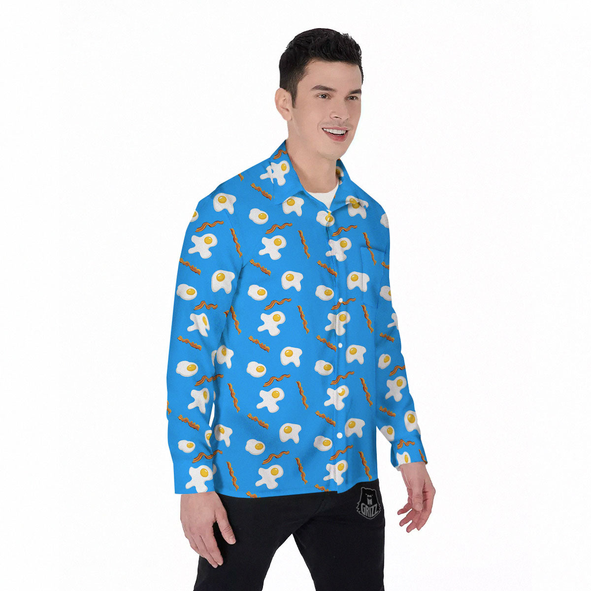 Blue Bacon And Fried Egg Print Pattern Men's Long Sleeve Shirts-grizzshop