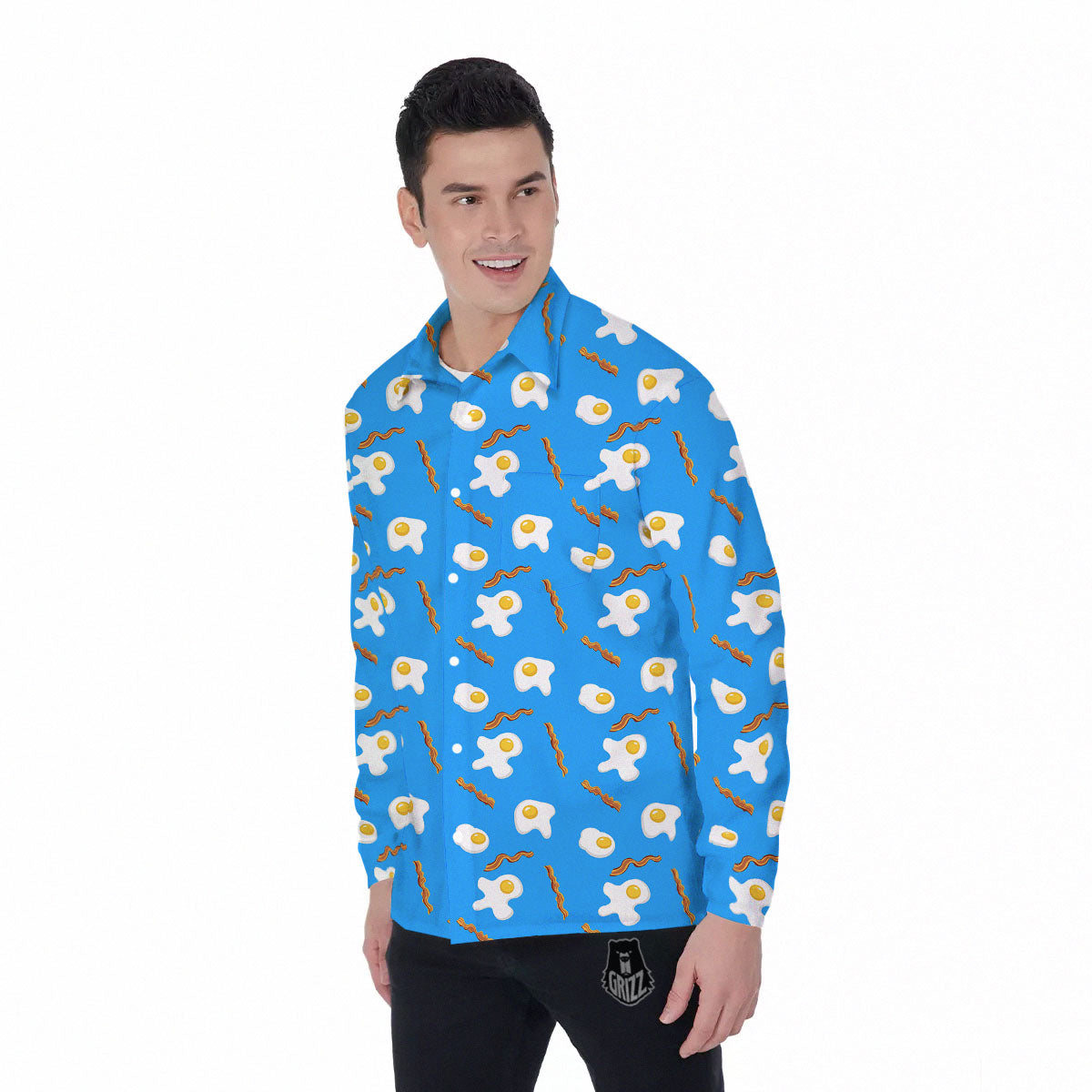 Blue Bacon And Fried Egg Print Pattern Men's Long Sleeve Shirts-grizzshop