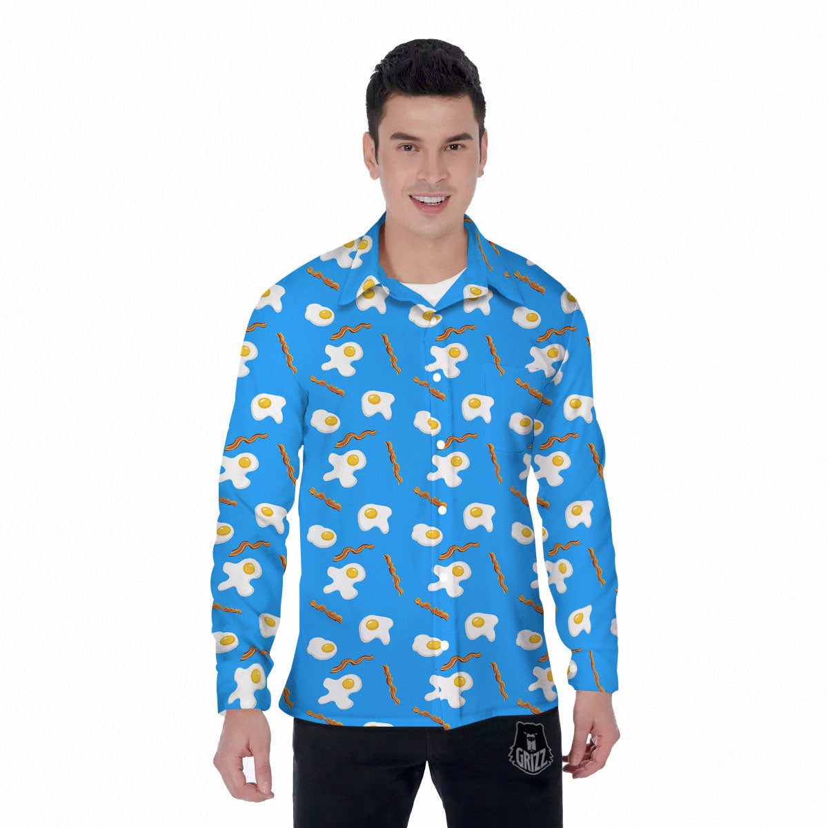 Blue Bacon And Fried Egg Print Pattern Men's Long Sleeve Shirts-grizzshop