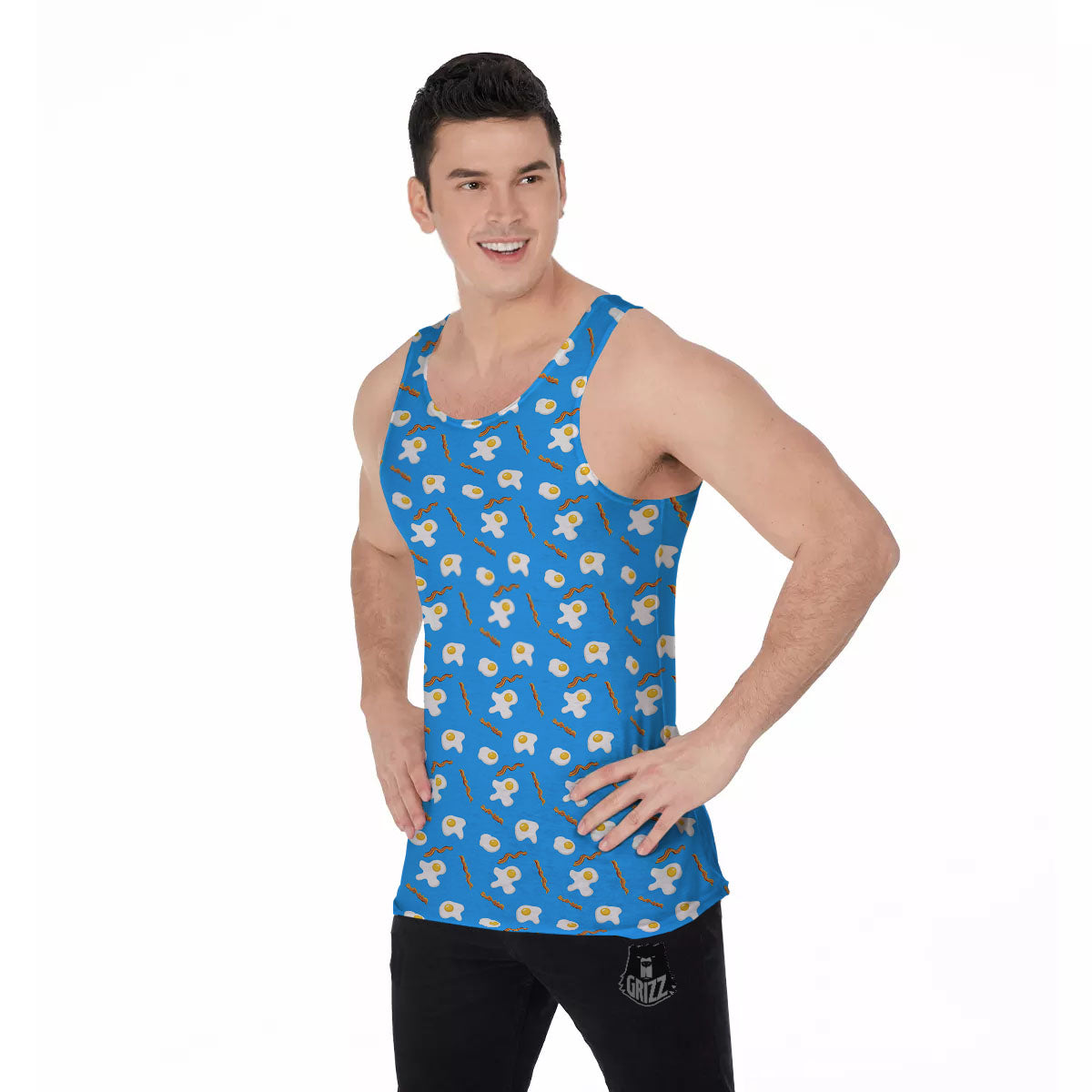 Blue Bacon And Fried Egg Print Pattern Men's Tank Top-grizzshop