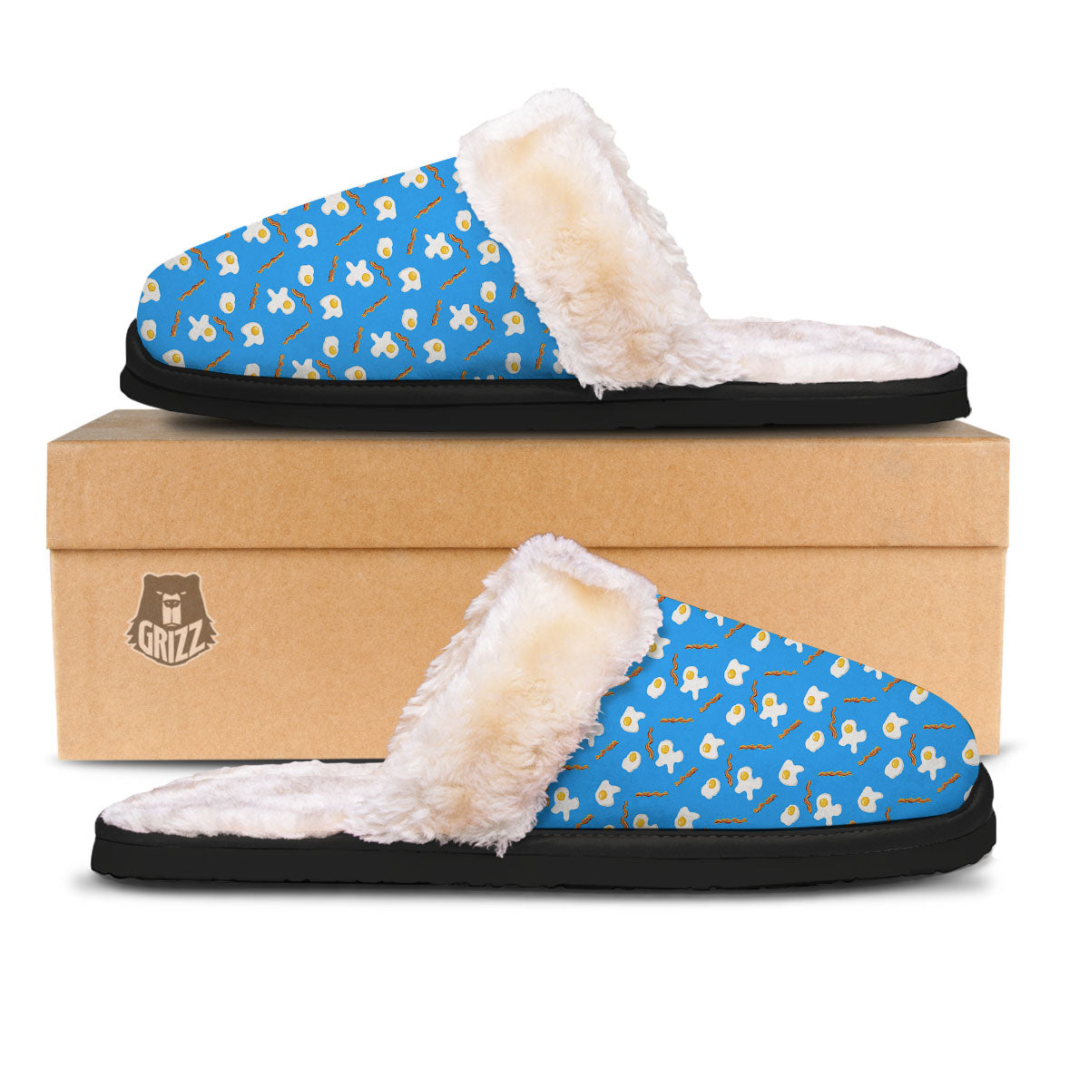 Blue Bacon And Fried Egg Print Pattern Slippers-grizzshop