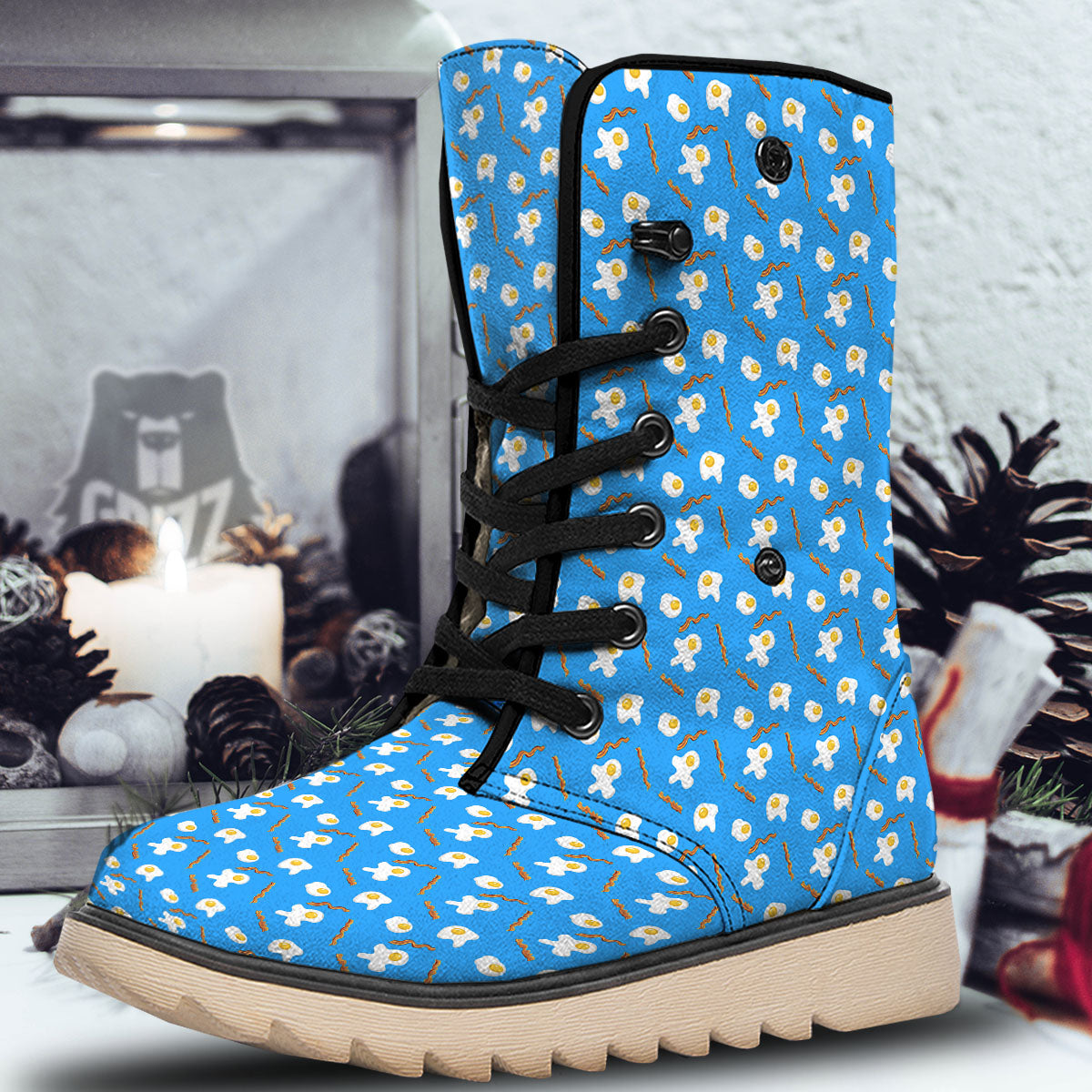 Blue Bacon And Fried Egg Print Pattern Snow Boots-grizzshop