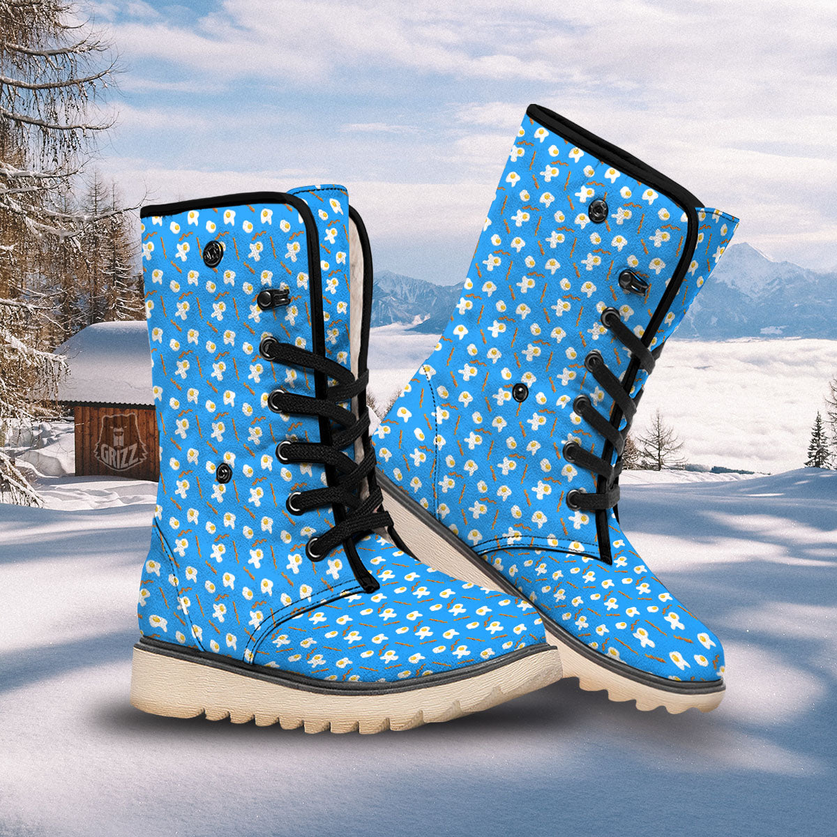 Blue Bacon And Fried Egg Print Pattern Snow Boots-grizzshop