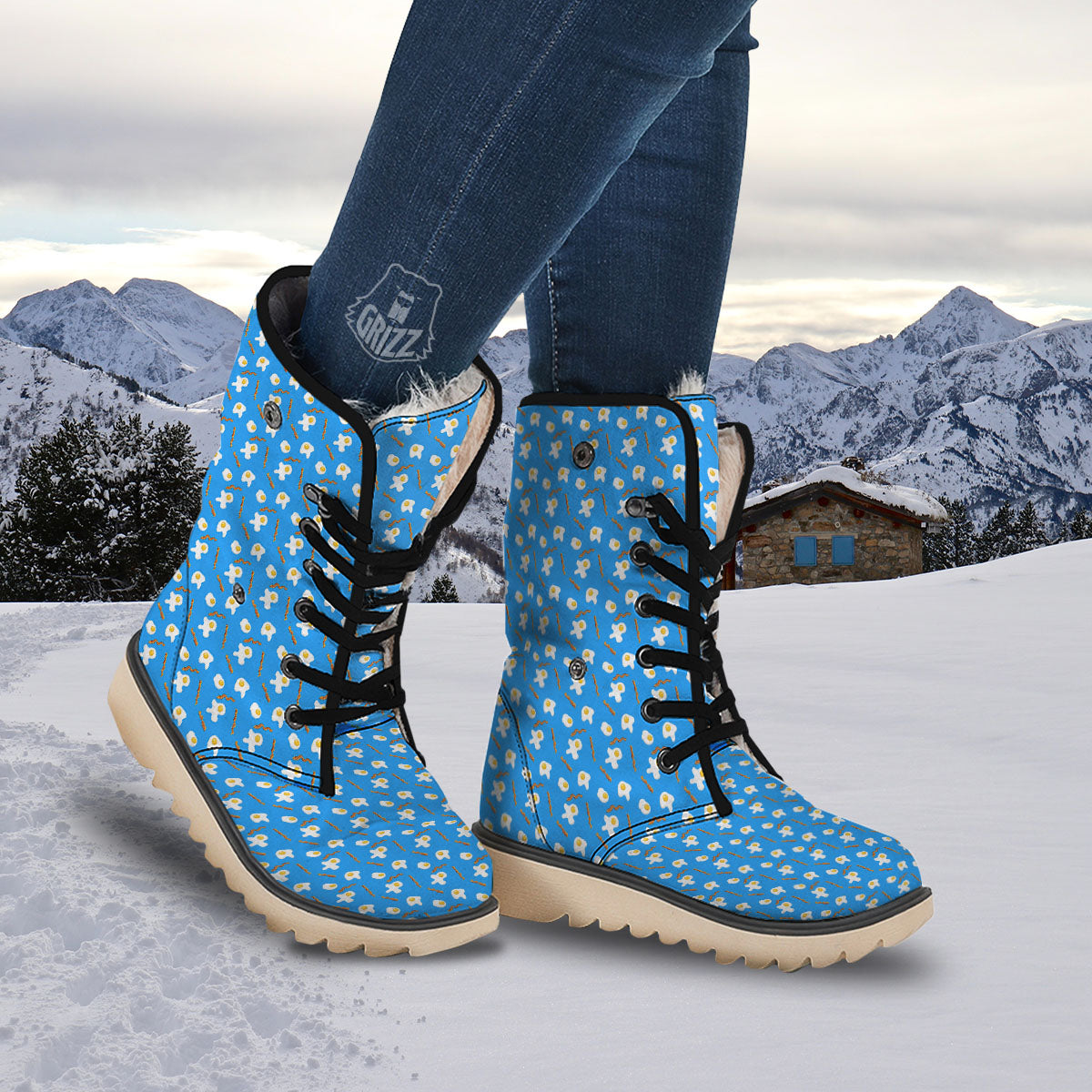 Blue Bacon And Fried Egg Print Pattern Snow Boots-grizzshop