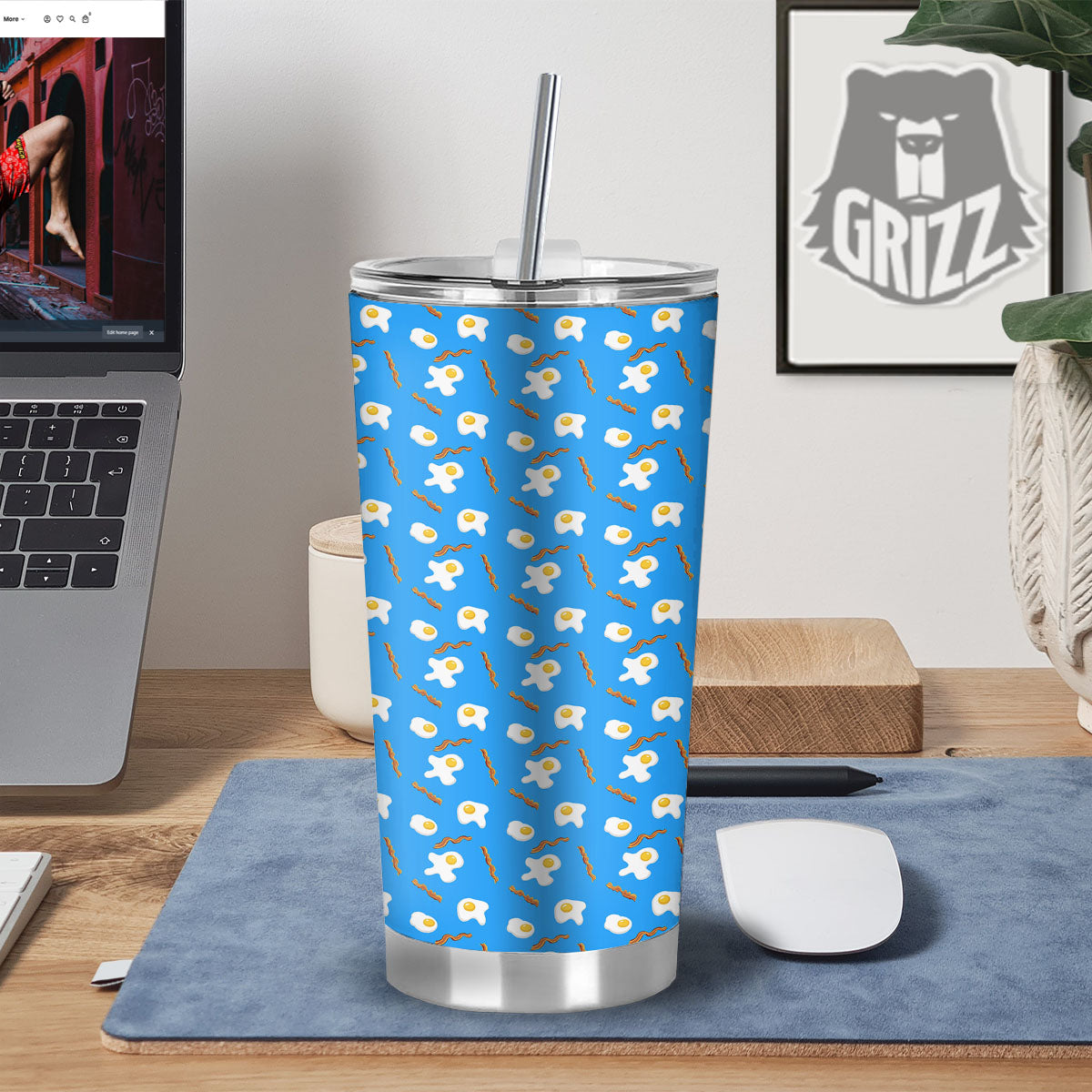 Blue Bacon And Fried Egg Print Pattern Tumbler-grizzshop