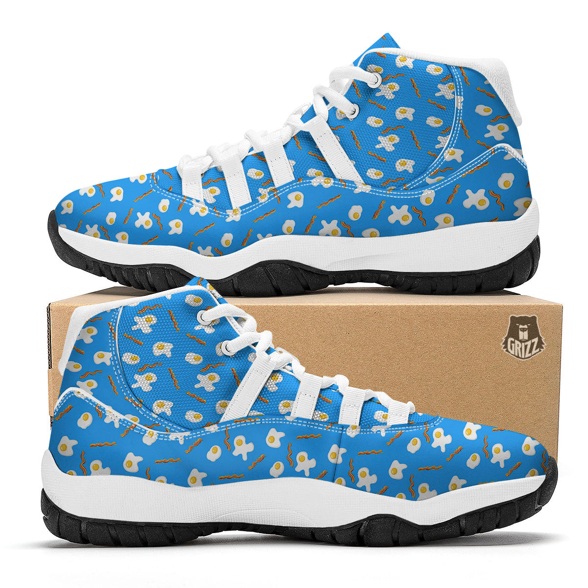 Blue Bacon And Fried Egg Print Pattern White Bball Shoes-grizzshop