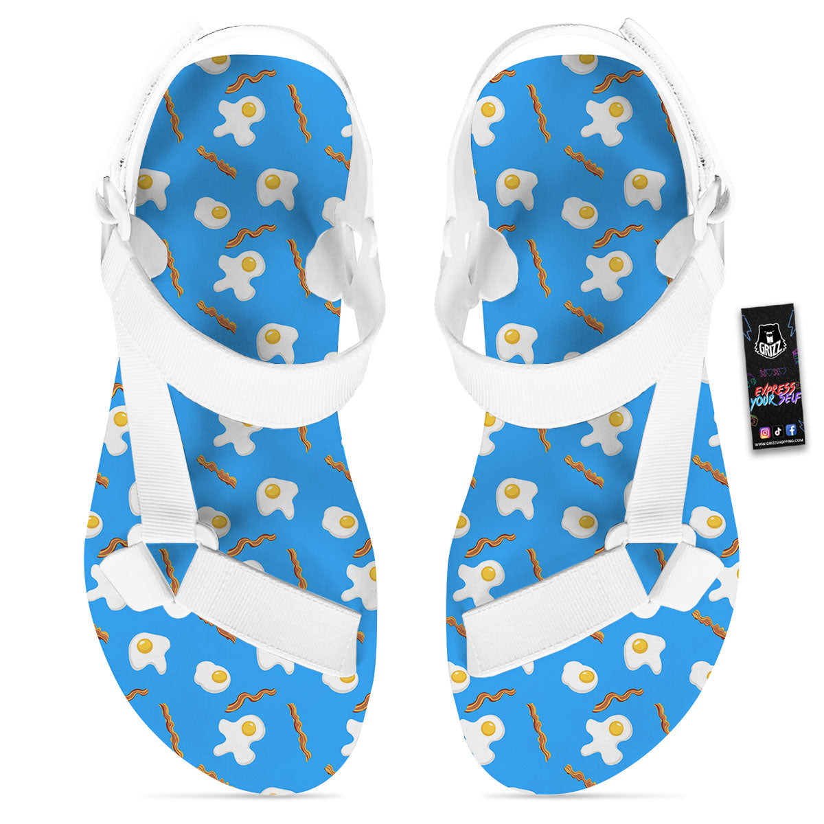 Blue Bacon And Fried Egg Print Pattern White Open Toe Sandals-grizzshop