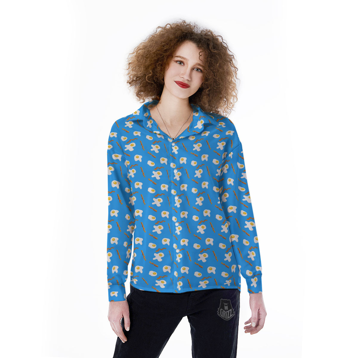 Blue Bacon And Fried Egg Print Pattern Women's Long Sleeve Shirts-grizzshop