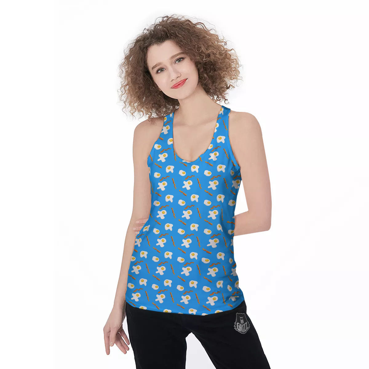 Blue Bacon And Fried Egg Print Pattern Women's Racerback Tank Top-grizzshop