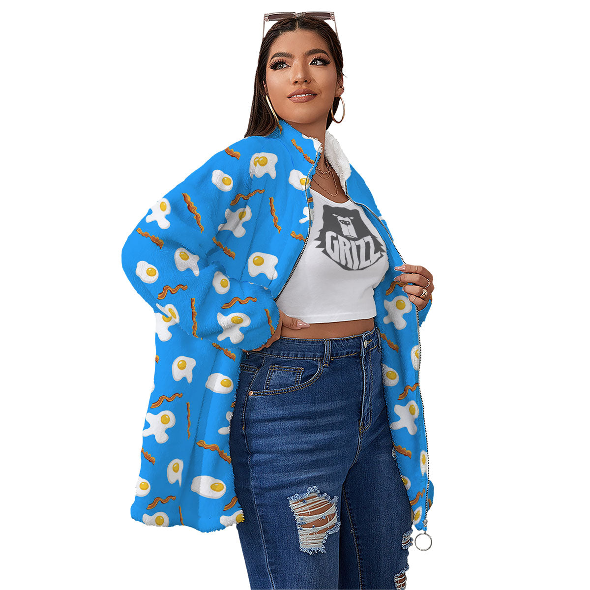 Blue Bacon And Fried Egg Print Pattern Women's Sherpa Jacket-grizzshop