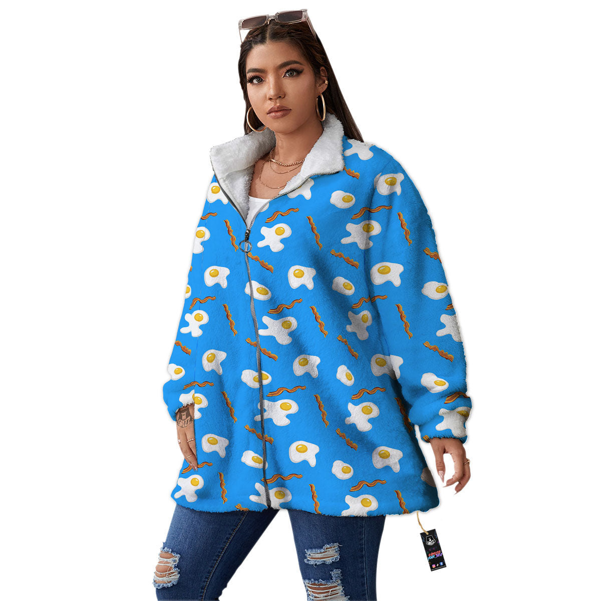 Blue Bacon And Fried Egg Print Pattern Women's Sherpa Jacket-grizzshop