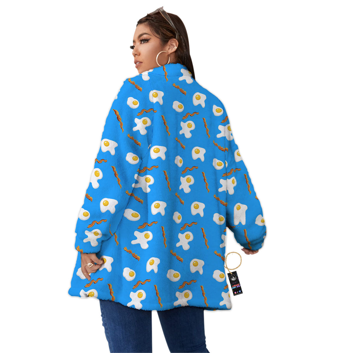 Blue Bacon And Fried Egg Print Pattern Women's Sherpa Jacket-grizzshop