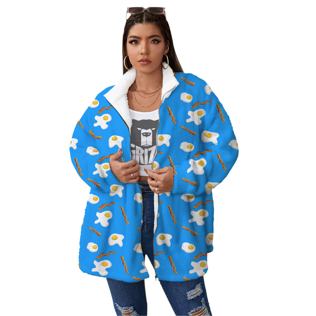 Blue Bacon And Fried Egg Print Pattern Women's Sherpa Jacket-grizzshop