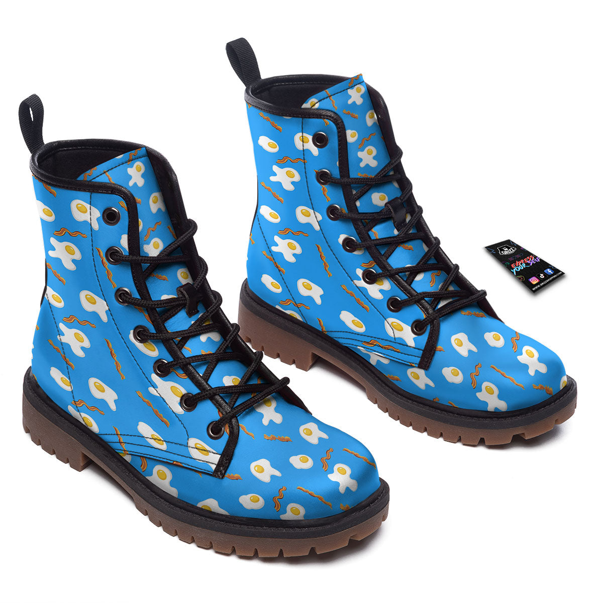 Blue Bacon And Fried Egg Print Pattern Work Boots-grizzshop