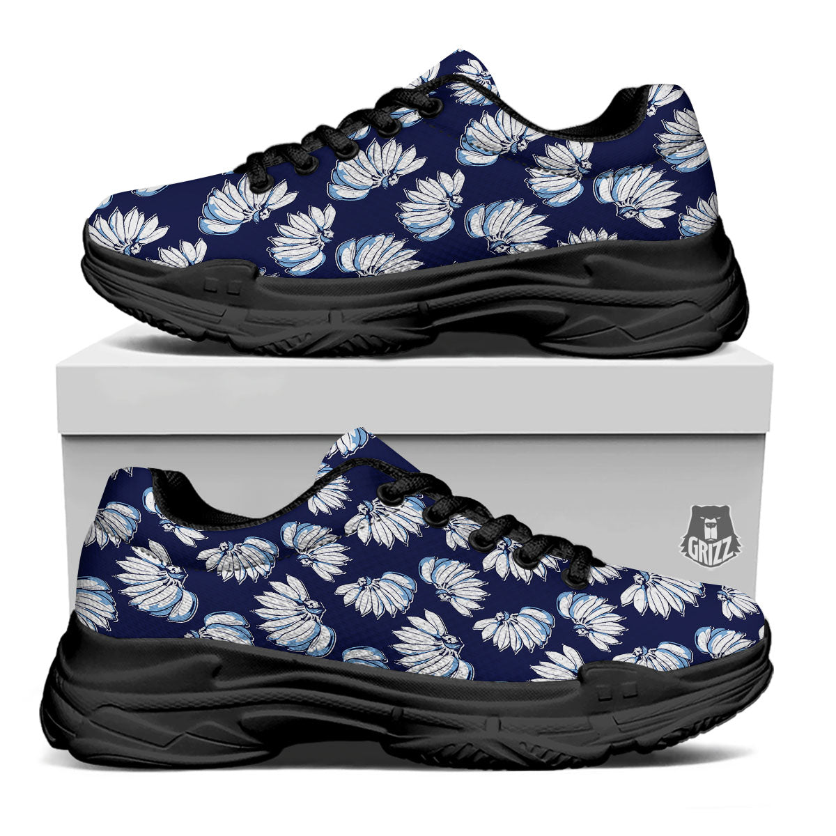 Blue Banana Retro Print Pattern Black Chunky Shoes-grizzshop