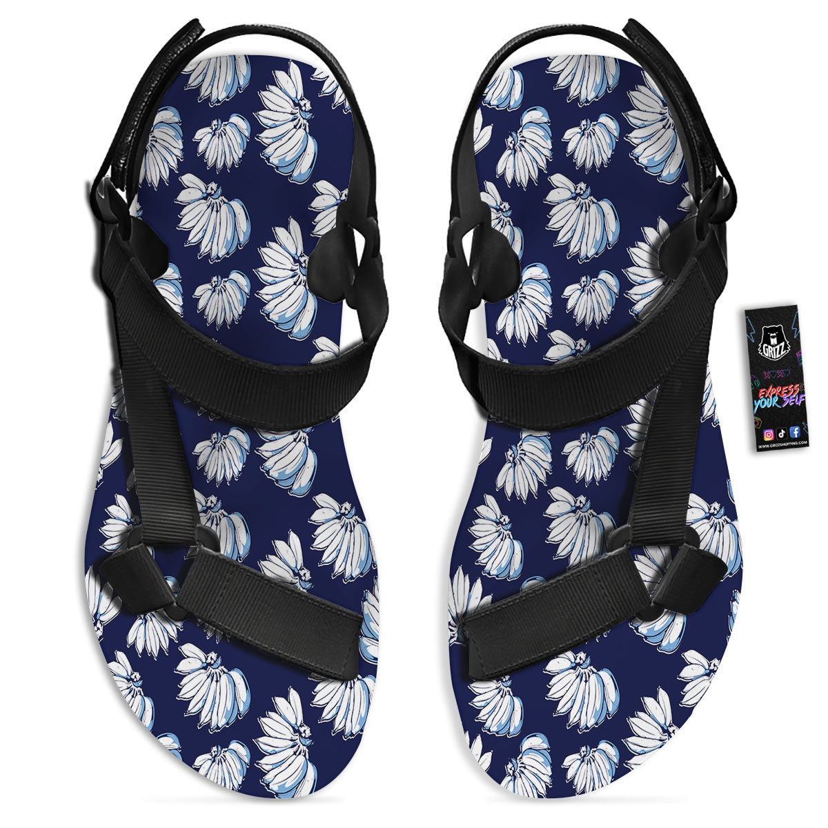 Blue Banana Retro Print Pattern Black Open Toe Sandals-grizzshop