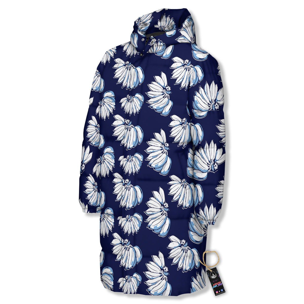 Blue Banana Retro Print Pattern Long Down Jacket-grizzshop