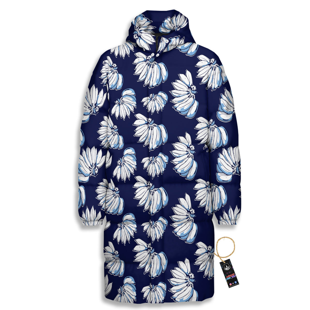 Blue Banana Retro Print Pattern Long Down Jacket-grizzshop