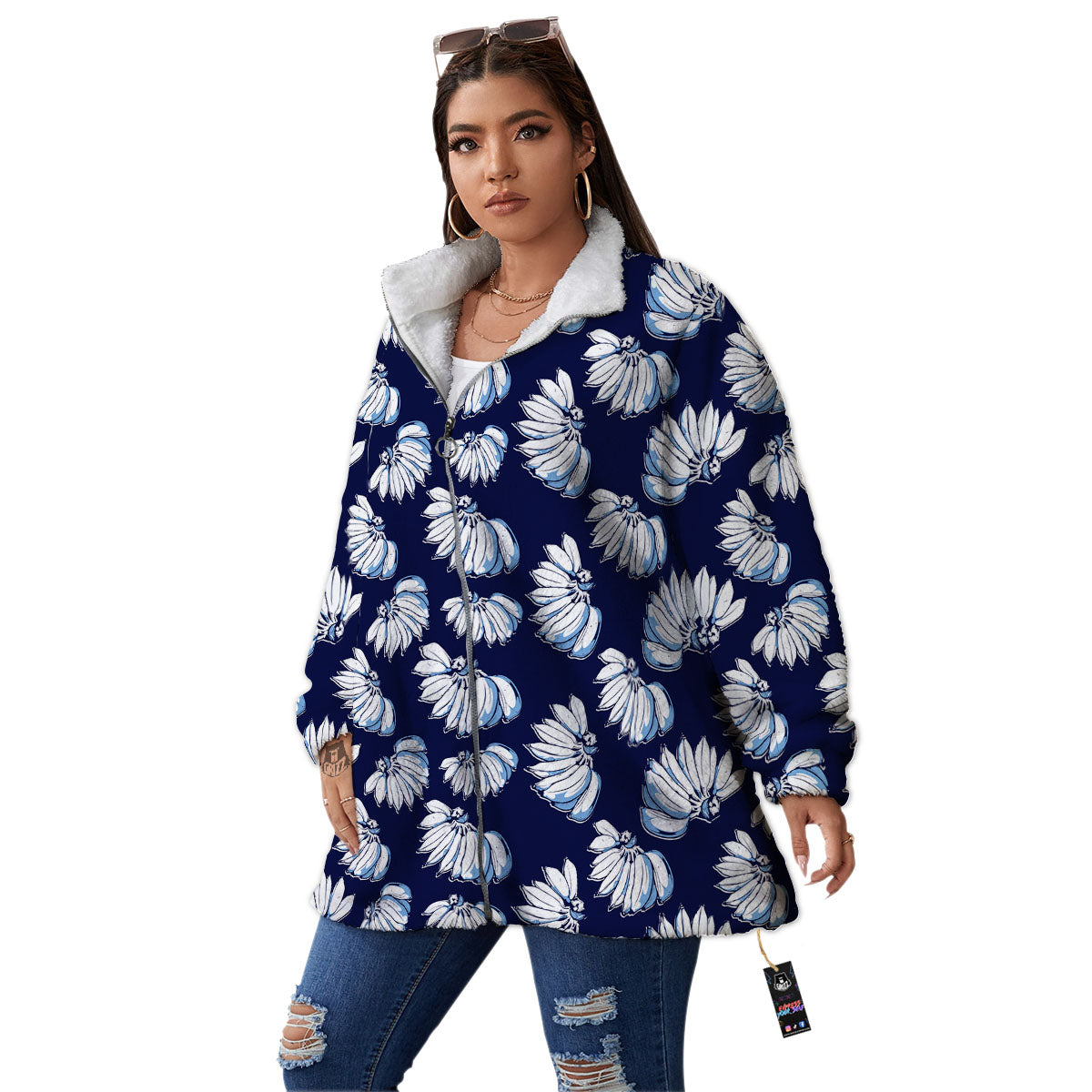 Blue Banana Retro Print Pattern Women's Sherpa Jacket-grizzshop