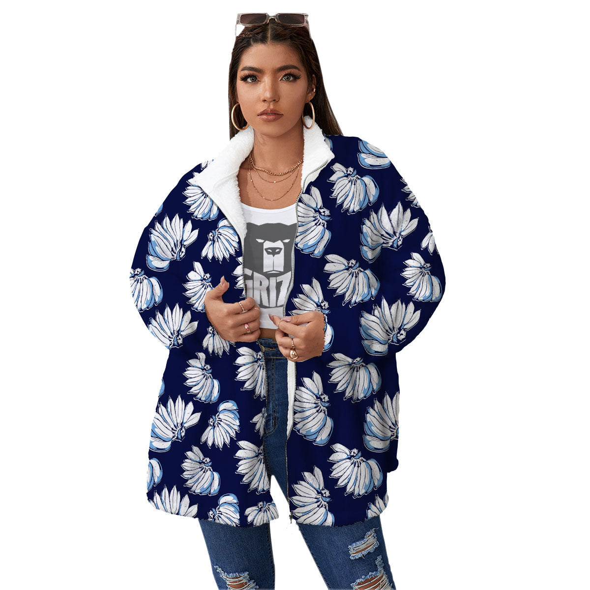 Blue Banana Retro Print Pattern Women's Sherpa Jacket-grizzshop