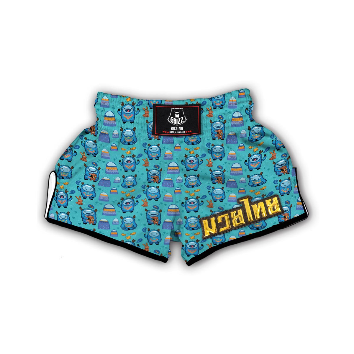 Blue Bigfoot Pattern Print Muay Thai Boxing Shorts-grizzshop