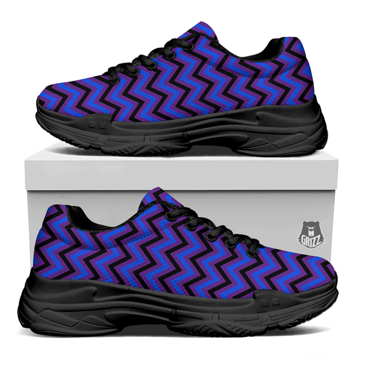 Blue Black And Purple Chevron Print Black Chunky Shoes-grizzshop