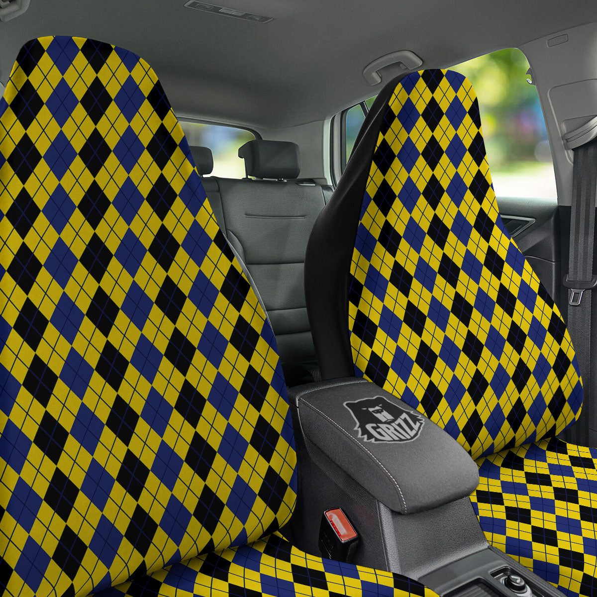 Blue Black And Yellow Argyle Print Car Seat Covers-grizzshop