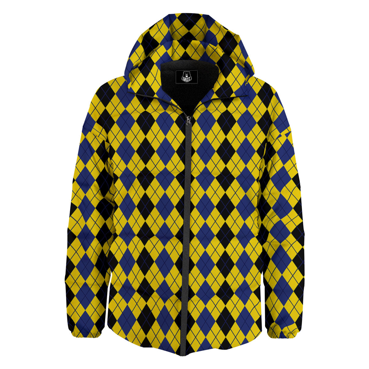 Blue Black And Yellow Argyle Print Down Jacket-grizzshop