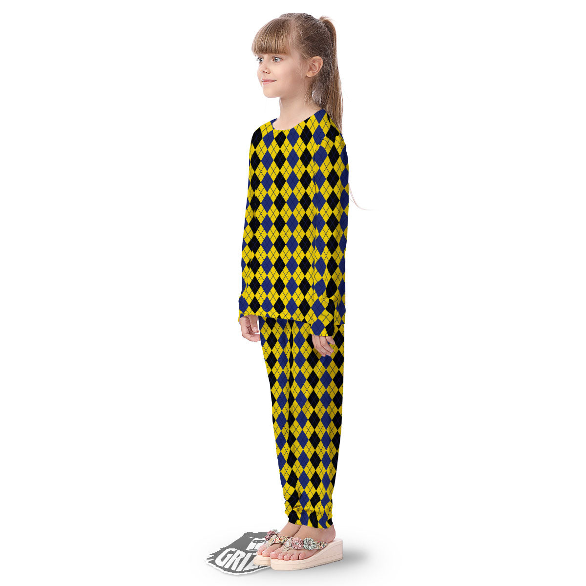 Blue Black And Yellow Argyle Print Kid's Pajamas-grizzshop