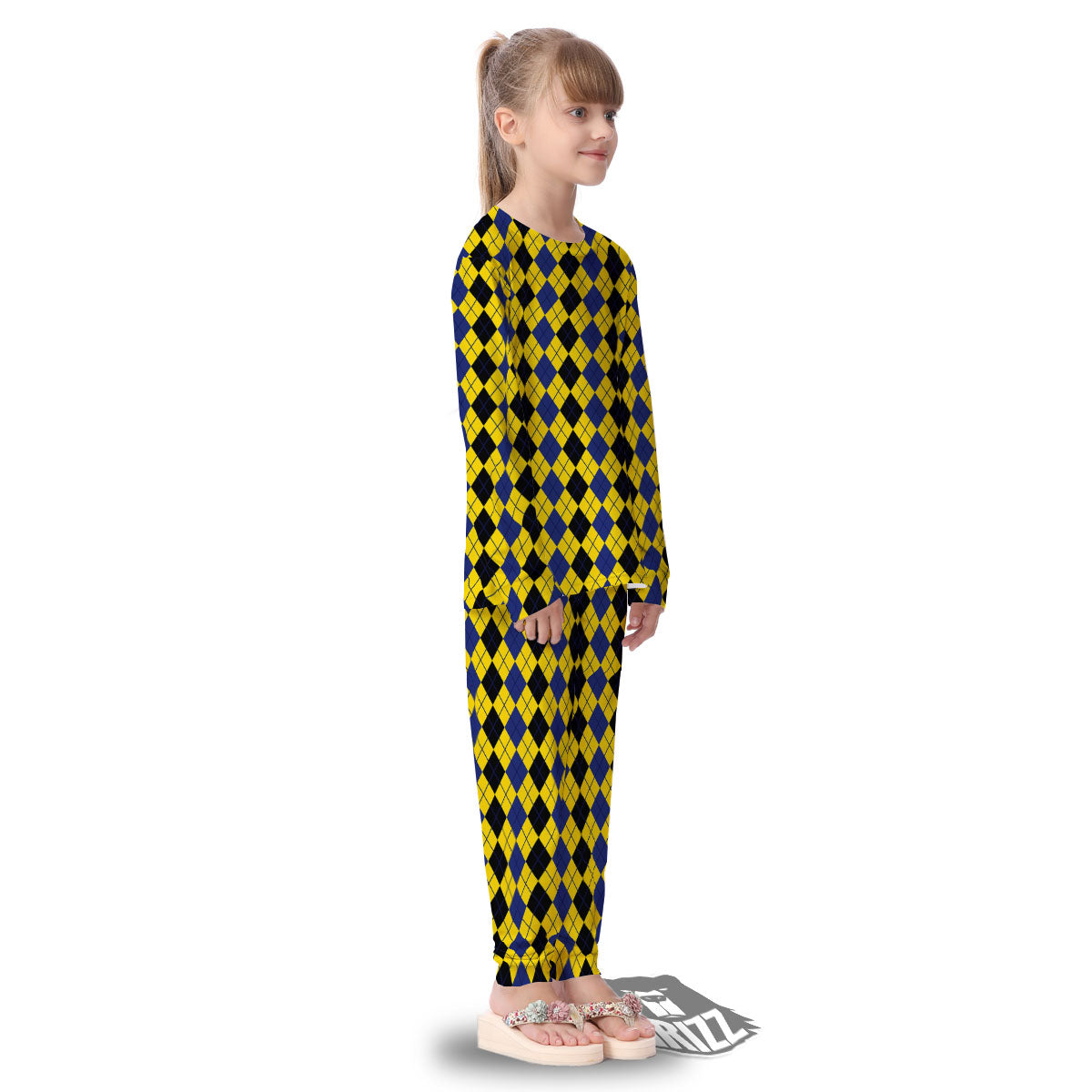 Blue Black And Yellow Argyle Print Kid's Pajamas-grizzshop