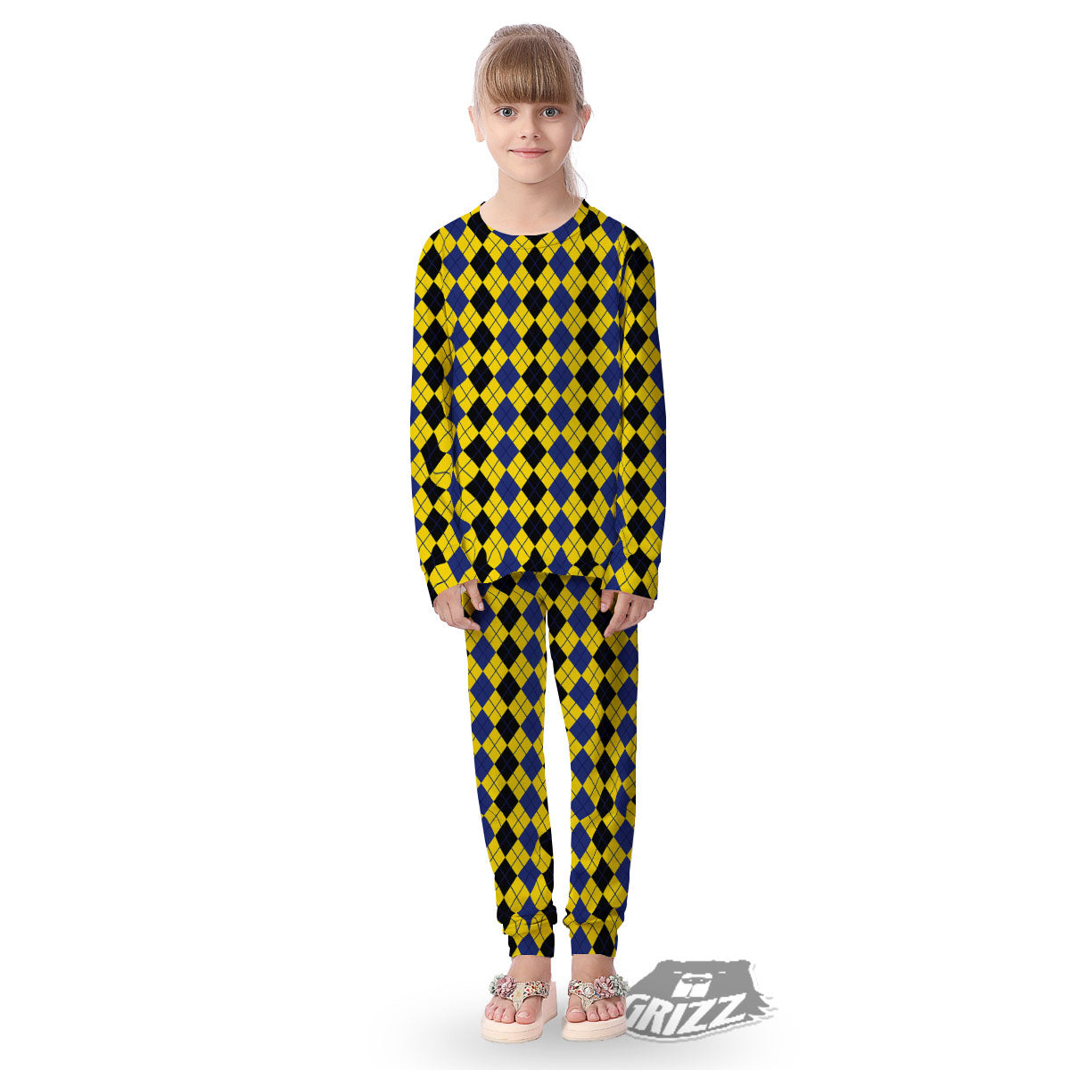 Blue Black And Yellow Argyle Print Kid's Pajamas-grizzshop