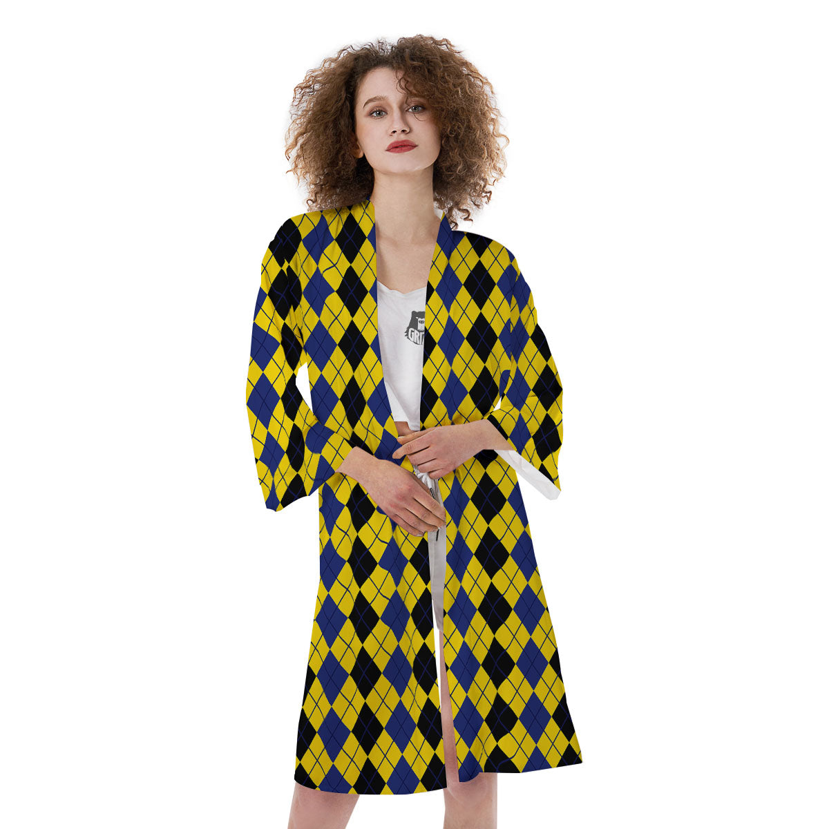 Blue Black And Yellow Argyle Print Kimono-grizzshop