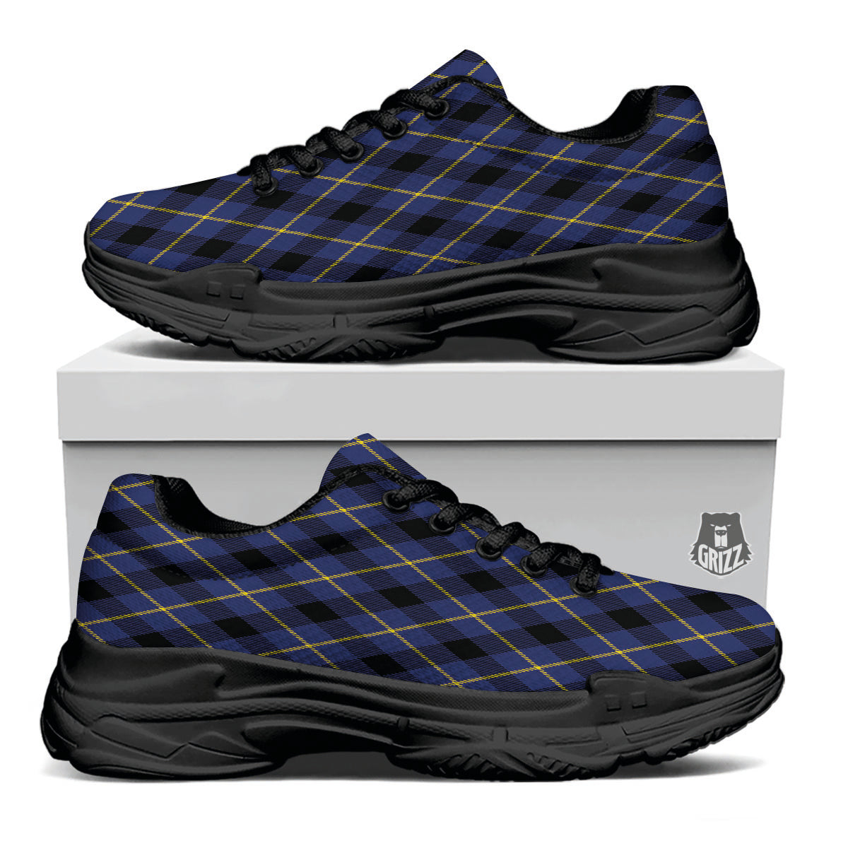 Blue Black And Yellow Plaid Print Black Chunky Shoes-grizzshop